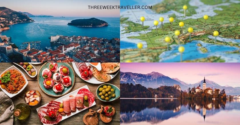 4 images - top left aerial shot of Dubrovnik, Croatia, top right is a map of Europe with pins on it, bottom right is a castle in Finland, bottom left is Spanish food - EUROPE IN 3 WEEKS ON A BUDGET