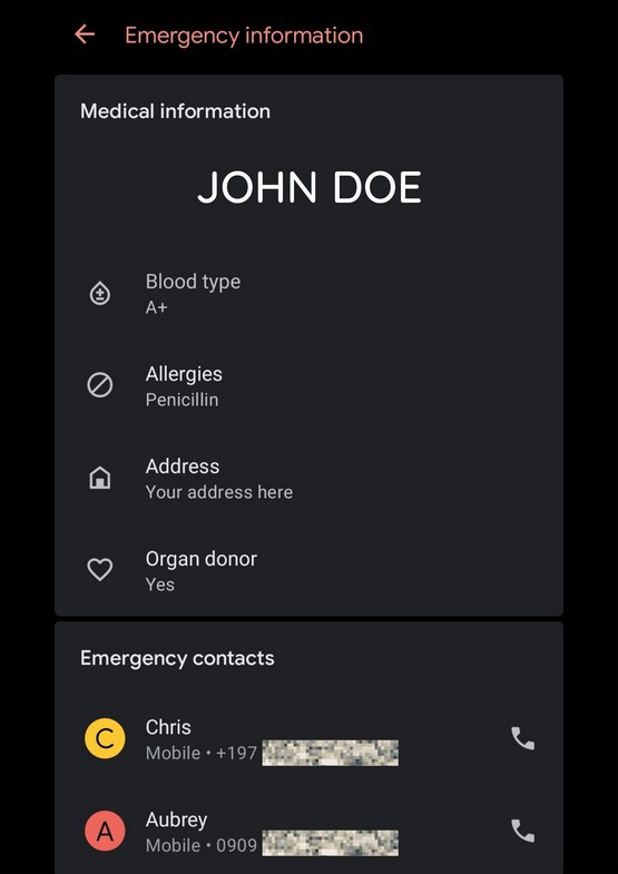 with name, blood type, allergies, contact numbers, address - EMERGENCY CONTACT SAMPLE