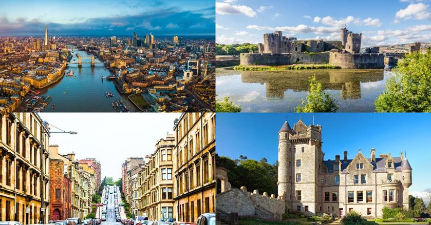 4 images - london downtown, edinburgh castle, belfast castle, glasgow downtown - 3 Weeks In The UK Itinerary