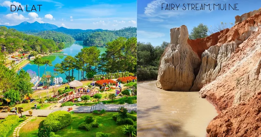 two images Pine trees and lake, rock formation and a stream - 3 Weeks In Vietnam Itinerary