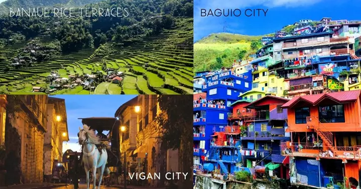 3 images - colonial houses with a white horse, rice field that designed to look like steps, houses on hilly side - 3-weeks in the philippines