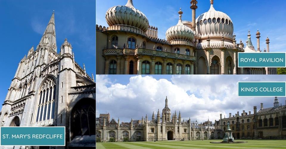 3 images - st mary's redcliffe, royal pavilion, and king's college - 3 Weeks in England Itinerary