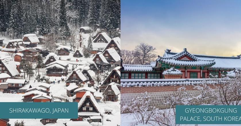 2 images - Shirakawago snow village in Japan and Gyeongbokgung Palace covered in snow in south korea - Best 3-Weeks Winter Destinations