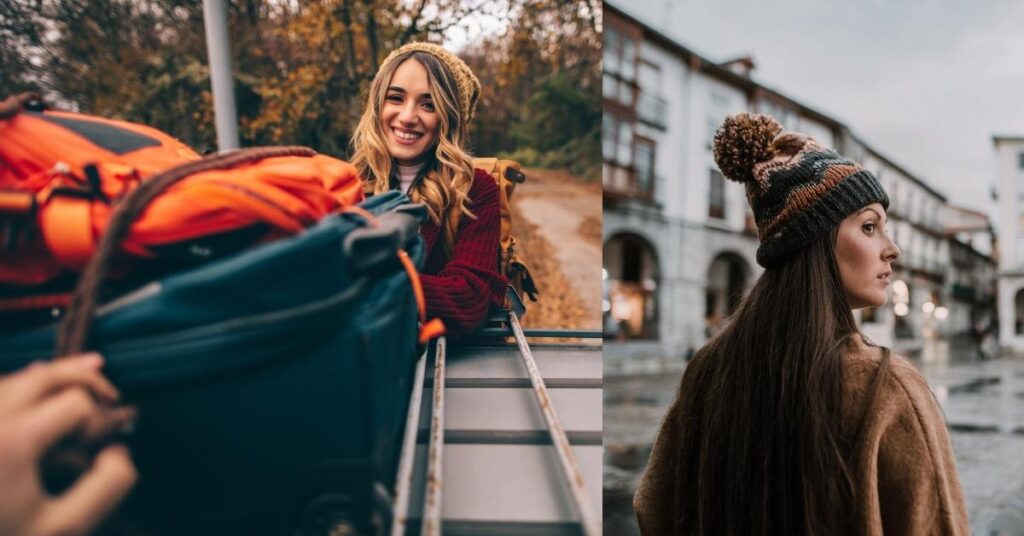2 images - a girl wearing a hat and a backpack, another girl wearing a wool hat - Packing For 3 Weeks Winter Holiday