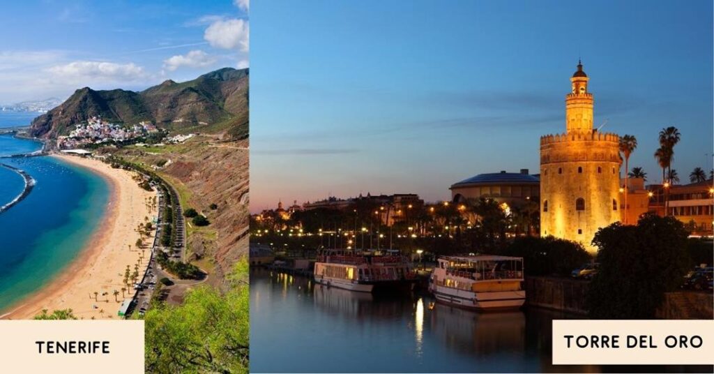 2 images - tenerife coastline and torre del oro - 3 Weeks In Spain Itinerary