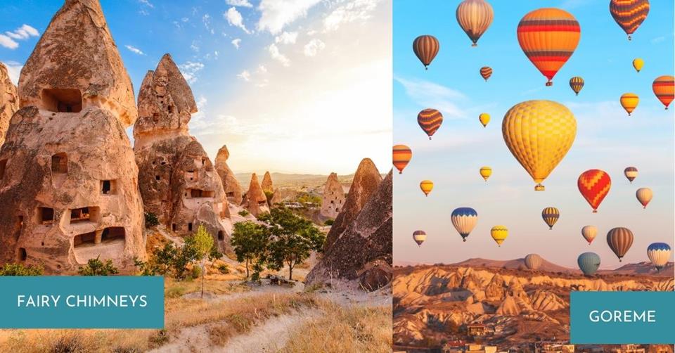 2 images - fairy chimney of Cappadocia and hot air balloon - 3 Weeks in Turkey Itinerary