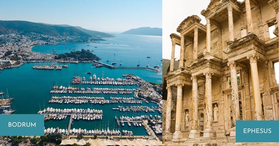 2 images - bodrum harbour and Ephesus ruins - 3 Weeks in Turkey Itinerary