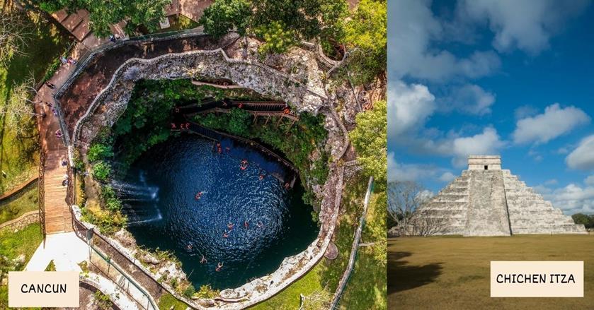 2 images - cenotes in Cancun and Chichen Itza in Mexico