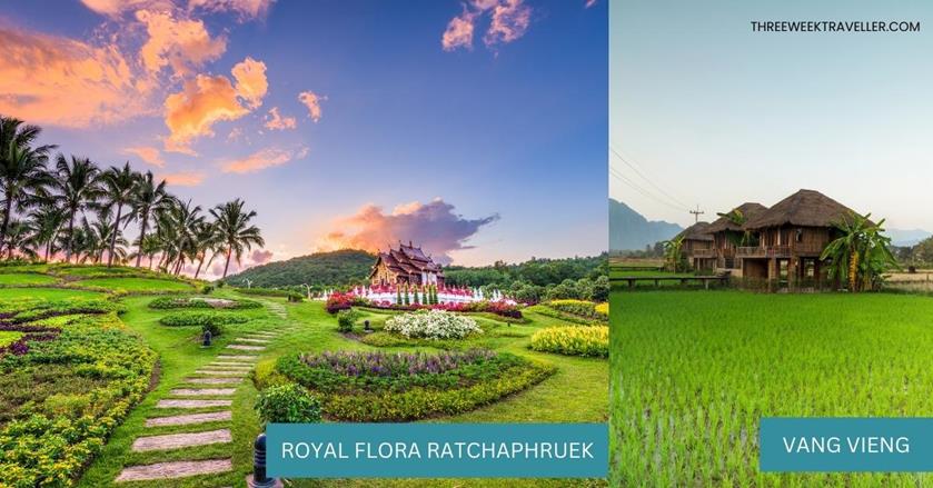 2 images - Royal Flora Ratchaphruek in Thailand and Vang Vieng fields in Laos