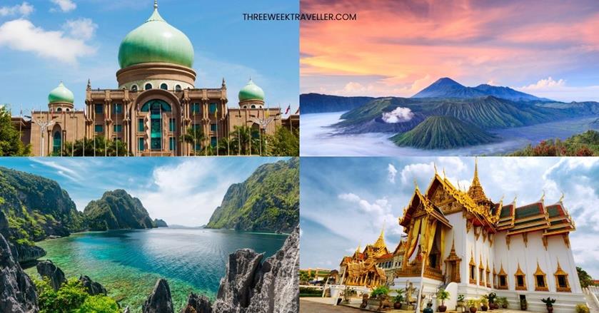 4 images - Perdana Putra in Malaysia, Mount Bromo in Indonesia, Royal Grand Palace in Bangkok, and Palawan in the Philippines - 3 Weeks in Southeast Asia Itinerary