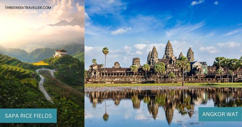2 images - Sapa rice paddies in Vietnam and Angkor Wat in Cambodia