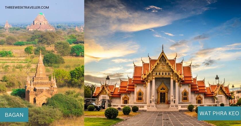2 images - Temples in Bagan Myanmar and Wat Phra Keo Temple in Thailand