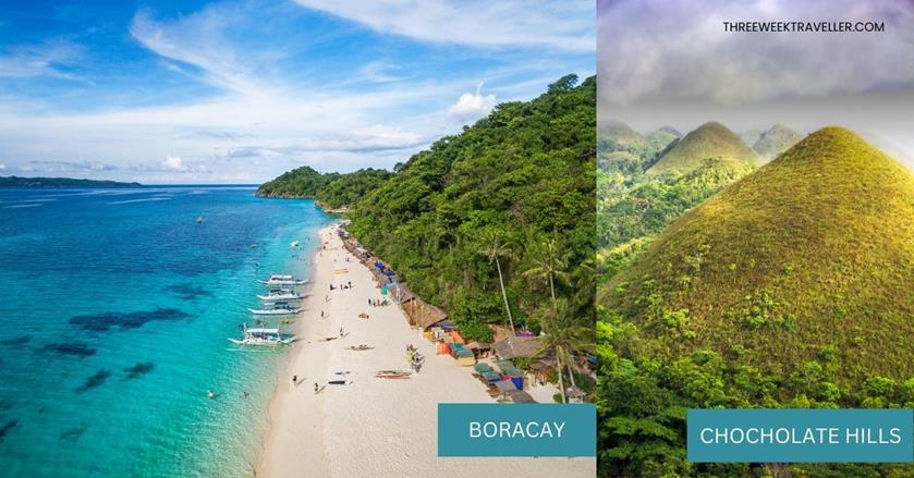2 images - Boracay Island white beach and Chocolate Hills in the Philippines