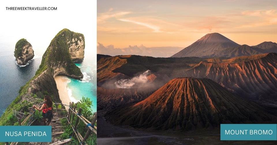 2 images - Nusa Peninda Island and Mount Bromo in Indonesia