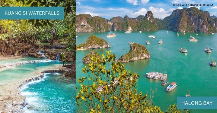 2 images - Kuang si Waterfalls in Laos and Halong Bay in Vietnam
