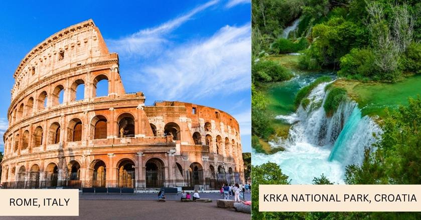 2 images - on the left is Colosseo in Rome, Italy. On the right is the waterfalls in Krka National Park in Croatia