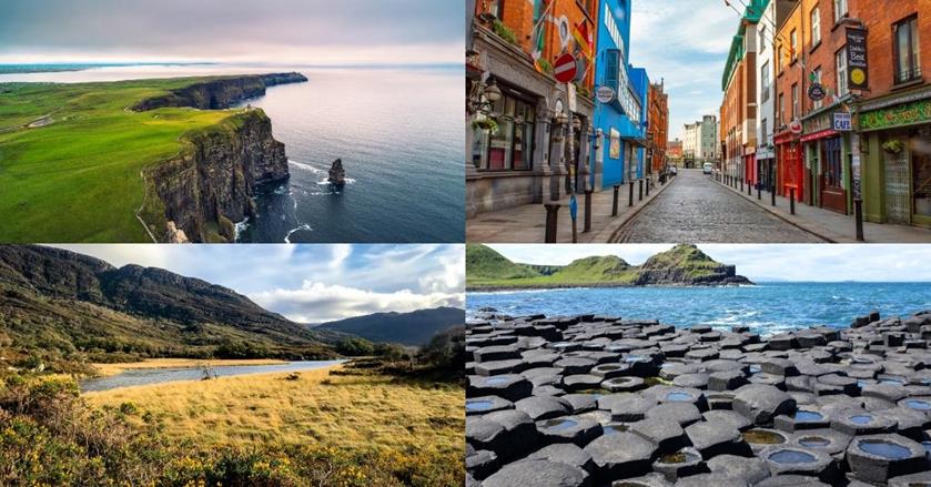 4 images - top right is the lush green Cliff's of Moher along Ireland coast life, top right is a cobbled street in Dublin, bottom right are the rocks on Giant Causeway overlooking the water, bottom left is the landscape and mountains in Killarney National Park - 3 Weeks in Ireland and Northern Ireland Itinerary