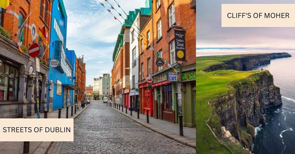 2 images - on the right is the lush green Cliff's of Moher along the coastline in Ireland. On the left is the colourful cobbled stone on the street in Dublin