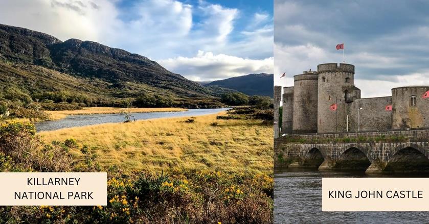2 images - on the left is the landscape and mountain top in Killarney National Park. On the right the King John Castle