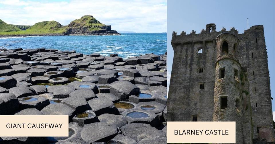 2 images - the rocks on the Giant Causeway overlooking the water. on the right is the tower at Blarney Castle