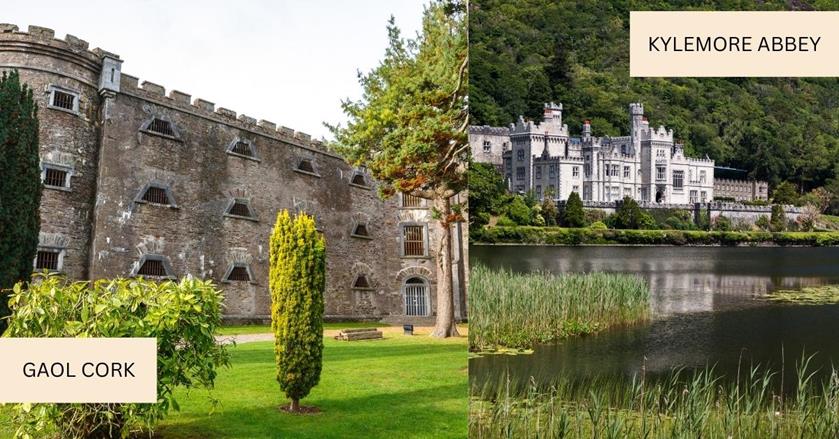 2 images - the building of Gaol Cork surrounded by green lush garden. on the right is the Kylemore Abbey with a lake in front of it