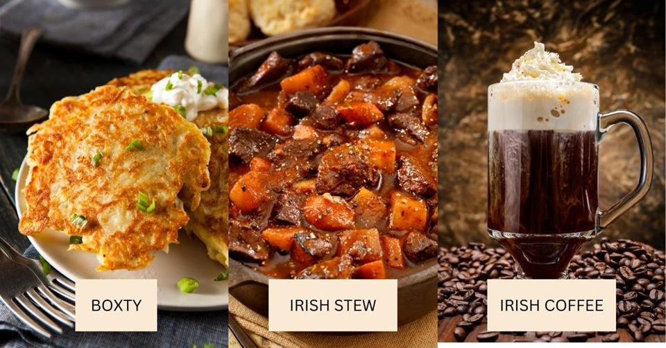 3 images - on the left is boxty, in the middle is Irish stew, on the right is Irish coffee - 3 Weeks in Ireland and Northern Ireland Itinerary