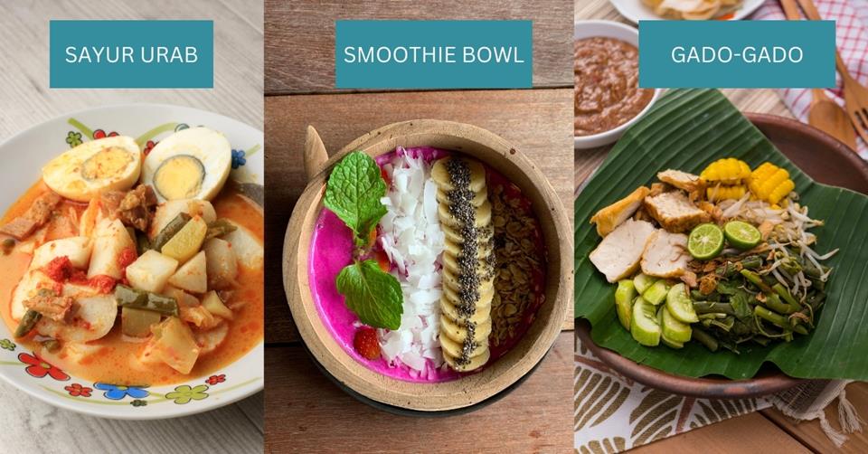 3 images of Indonesia and Balinese food - left is a sayur urab with egg on top. In the middle is a smoothie bowl with chopped bananas and shaves coconut. right is a plate of gado-gado with corn, tofu, and lime - 3 Weeks in Bali Itinerary