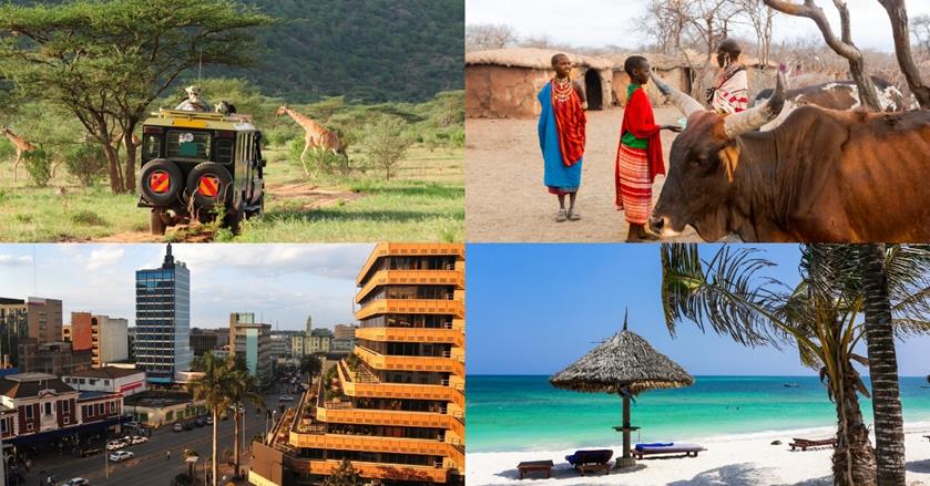 4 images - top left is a safari truck in a savannah land. top right are the tribes of Maasai Village. Bottom right is Turtle Beach in Watamu. Bottom left is the downtown Nairobi - 3 Weeks in Kenya Itinerary