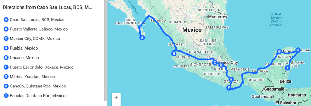 Alternative 3 weeks in Mexico Itinerary route