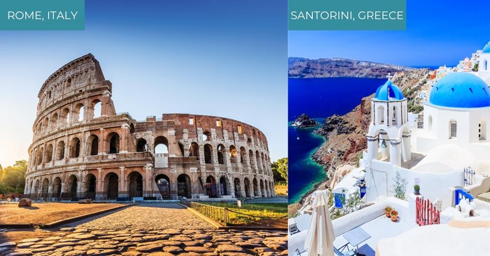 2 images - on the left is Colosseum in Rome. On the right is white stone houses with blue roofs overlooks the ocean.