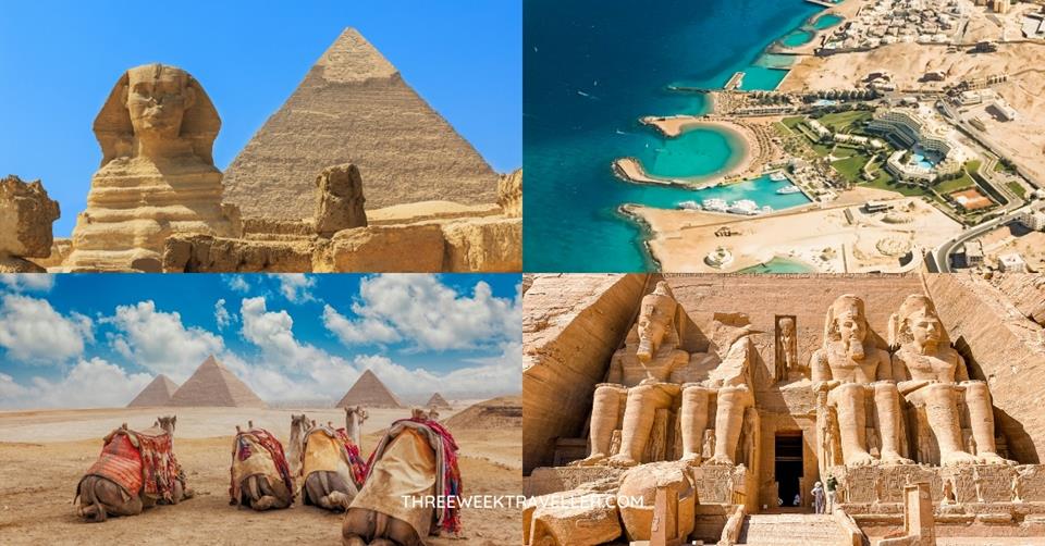 4 images - top left is the Sphinx with a pyramid back drop. Top right is the coastline along Hurghada. Bottom right is the statues of Abu Simbel. Bottom left are camels sitting on the desert overlooking the pyramids. - 3 Weeks in Egypt Itinerary